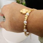 Gold Filled Bracelet with Faux Pearls And Quatrefoil Flower Clover Charm Photo 6