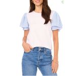 Vince Camuto Tulip Sleeve Mixed Media Blue White Relaxed Fit Top Size XL Photo 1