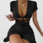 Tied Cutout Front Ruffle Trim Wrap Hem Dress Medium Black Size 6 Photo 0