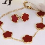 Gold Plated RED Clover Earrings Stainless Steel Floral Womens Jewelry Photo 2