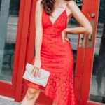 Topshop Red Floral Lace Plunge Asymmetrical Dress Photo 5