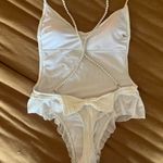 White Ribbed Swim with Ruffle Details and Bow Photo 1