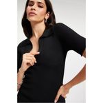 Good American  Black Ribbed Short Sleeve Polo Stretch Knit Sweater Midi Dress Photo 1