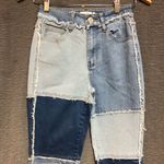 Rue 21 size 2 patched blue jeans scrap pieces various colors denim frayed seams Photo 2