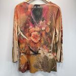 3/4 Sleeve Floral Print Top w Mesh Trimmed V Neckline & Beaded Medallions Bleu Size L Photo 3