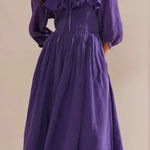Free People  Oasis Smocked Ruffle Long Sleeve Midi Dress LARGE Dark Purple Photo 0