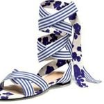 CAbi Tied Up Watercolor Blue Floral Striped Cotton Ankle Wrap Sandal 6013 8 NWOB Photo 12