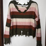 Wonderly  Distressed Striped V-Neck Sweater - Olive, Pink, Brown Photo 0