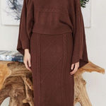 Chaining Pattern Knit Sweater and Skirt Set Brown Size L Photo 0
