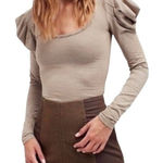 Free People  Penelope Tan Striped Knit Top Long Ruched Puff Sleeves Size Medium Photo 0