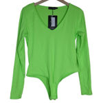 Pretty Little Thing Women's 8 Neon Lime Rib Plunge Long Sleeved Bodysuit NEW Photo 0