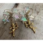 Vintage Iridescent Star Dangle Earrings with Gold Cherub Angel Charms 3 Inch Photo 2