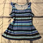 Crown & Ivy Ruffled Sleeve Tank, Black Blue White Stripes, Size L Photo 0