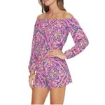Lilly Pulitzer Lana Off The Shoulder Long Sleeve Shorts Romper Pink Blue XS Photo 1