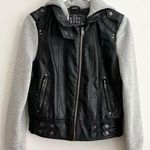 Last Kiss  Y2K Black Leather Hybrid Gray Hooded Zip Moto Jacket Size Medium Photo 1