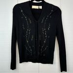 Gina Peters Black Ribbed Long Sleeve Button Up Cardigan Embroidered Greenery S Photo 0