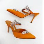 Manolo Blahnik Orange Satin Crystal Embellished 90 Mules 39.5 Photo 2