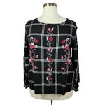 Loft  Cold shoulder Top womens XS black white plaid & red embroidered flowers​​ Photo 4