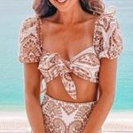 Bardot  Puff Sleeve Top Eyelet Croquette Front Tie Resort Wear XS Photo 5