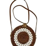 Wicker Crossbody Bag Natural Rattan Round With Canvas Lining Leather Strap Photo 0