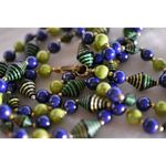 Unique Vintage Vintage Blue/Green/Gold Beaded Single Strand 36 inch Long Box Latch Necklace Photo 2