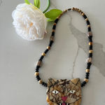 Vintage Cat Necklace Statement Beaded Costume‎ Jewelry Tan Photo 0