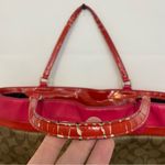 Coach 29783 Patent Leather/ Canvas Logo Tote Bag Khaki/Pink/ Orange zipper close Photo 3