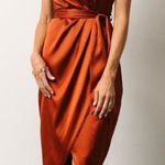 Baltic Born Celia Satin One Shoulder Midi Dress S Rust Pleated Belted Silky NWT Photo 0