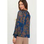 Skies Are Blue 💕💕Long-Sleeve Button-Down Blouse ~ Teal Mustard Print  NWT Photo 3