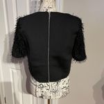 Gracia NWT Textured Fringe Shiny Fuzzy Teddy Crop Top Zip full back short sleeve crew Blouse Rave Designer Luxury Photo 3