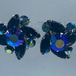 Shades of Blue Vintage Earrings Clipon Aurora Borealis Marquise Round Rhinestone Photo 2
