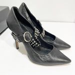 Alice + Olivia Alice & Olivia Size 9 Black Leather Silver Studded Dover Moto Pump Ankle Strap Photo 3