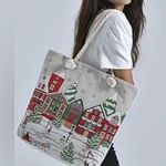 GUC Winter Wonderland Festive Tote Bag Christmas Embroidered Look Zipper Handles Red Photo 0