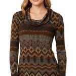 Daytrip Brown Boho Aztec Print Cowl Neck Long Sleeve Top Womens Sz L USA Stretch Photo 0