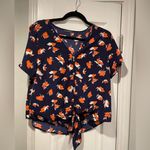 West Kei  Size S Navy Blue Coral Floral Short Sleeve V Neck Button Knot Front Top Photo 0