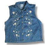 Vintage 90s Embroidered Daisy Floral Button Front Sleeveless Denim Blouse XL Blue Photo 6