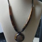 Brown Tan Horn Pendant Necklace Vintage Seed Beaded Strand Barrel Clasp Resin Photo 2