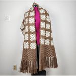 Handmade New Crochet Granny Square Shawl Wrap Fringes Brown Speckled Cream Photo 3