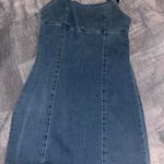 denim mini dress with spaghetti straps. Blue Photo 1