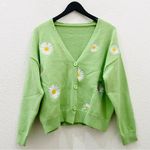 Embroidered Daisy Flower Green Knit Cardigan Women’s Sweater Size S/M Photo 6