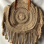 UNBRANDED MACRAMÉ PURSE DOUBLE STRAP VEGAN LEATHER STRAPS FRINGE CLEAN Tan Photo 2