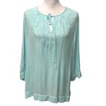 Chico's Women's Embroidered Tunic Blouse Size L Teal Blue Tie Neck Long Sleeve Photo 0