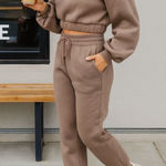 Zenana 2 Pcs Crop Sweatshirt Tracksuit Jogger Pants Set Outfit Active Loungewear Beige Size XS Photo 0