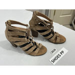 Womans Crown Vintage Size 8.5 Tan Faux Suede Strappy Laces Zip Heel Sandals Brown Photo 1