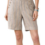 Sundance  Wilde Bermuda Shorts Women 10P Tan Blue Stripe Linen Buttons High Rise Photo 0