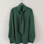 Ming Wang NWT Button Down Emerald Green Tie Long Sleeve Blouse Photo 0