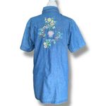 Vintage 90s Embroidered Chambray Denim Shirt Oversized Short Sleeve Heart Floral Blue Photo 11