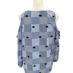 Crown & Ivy  Blue White Cold Shoulder Round Neck Diamond Print Top Size Medium Photo 3