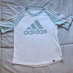 Adidas  Women’s Logo Tee White & Light Blue Athletic Top Medium Photo 0