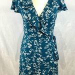 Zaful Turquoise blue and white floral ruffle wrap dress size large NWT Photo 0
